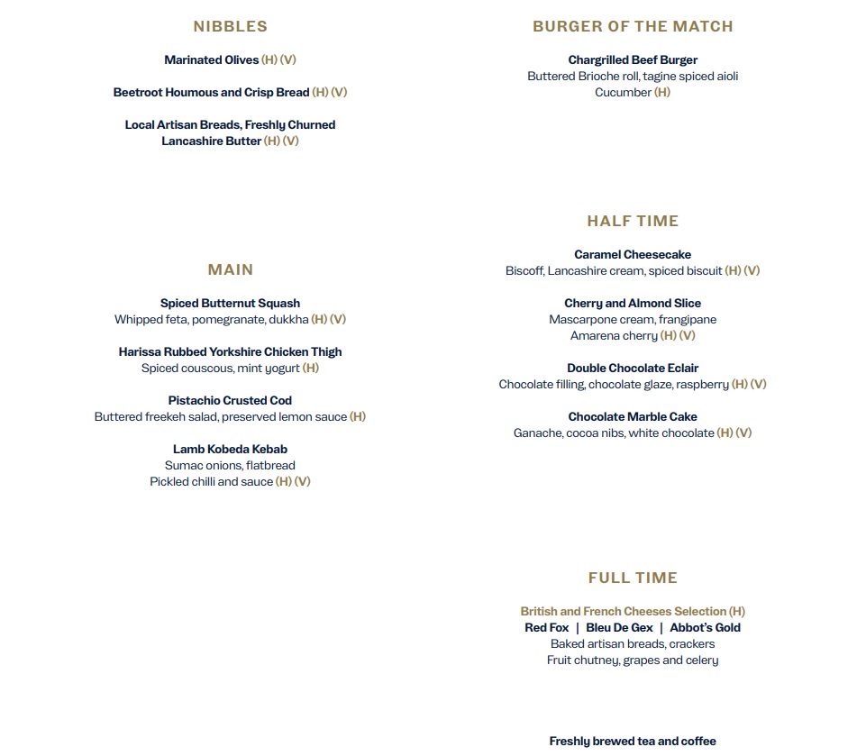 Backstage Hospitality at Manchester City Sample Menu